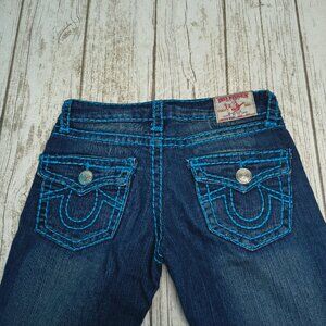 True Religion Vintage Y2K Low Rise Thick Blue Stitching Jeans Size 27